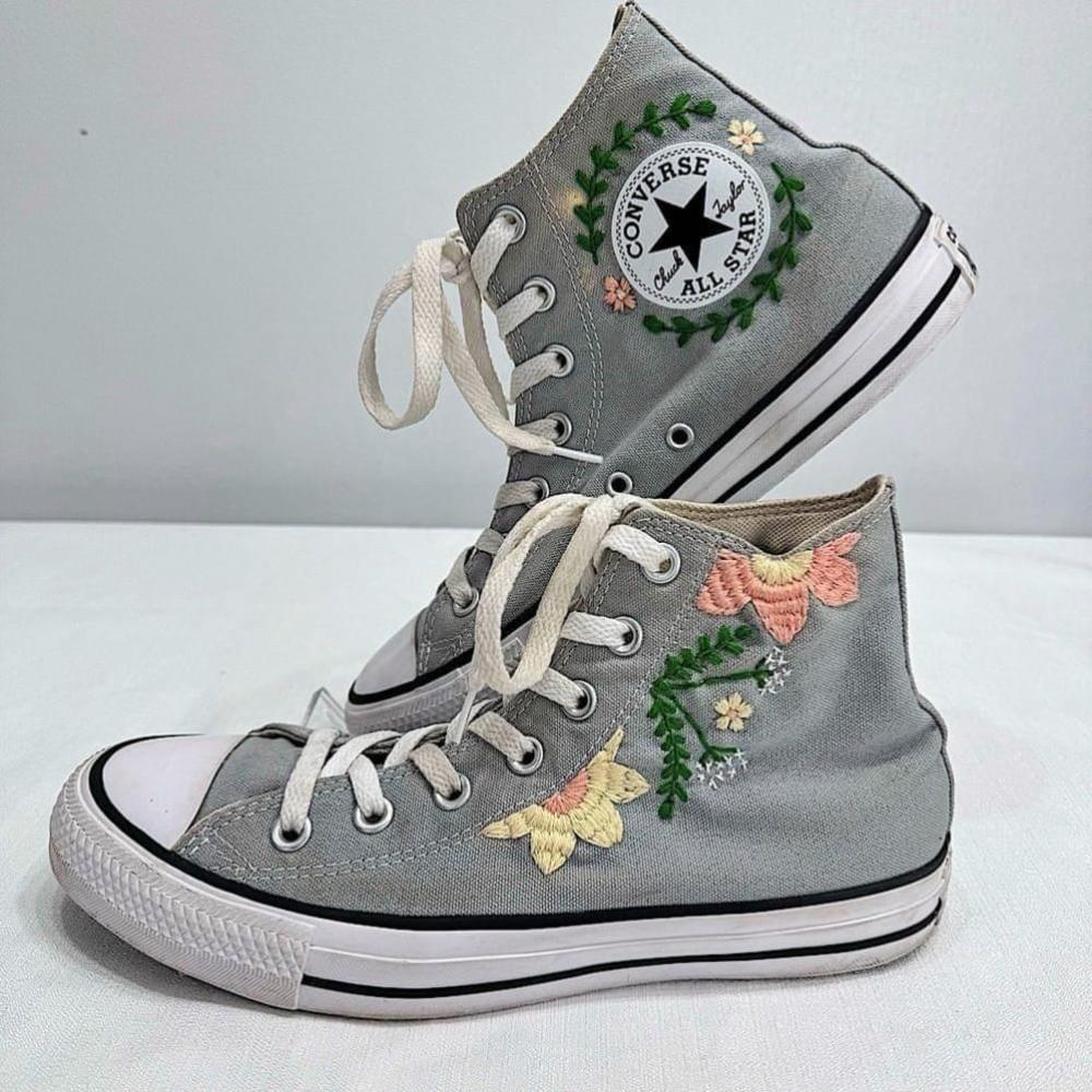 Converse Gray High-Top Sneakers with Floral Embroidery